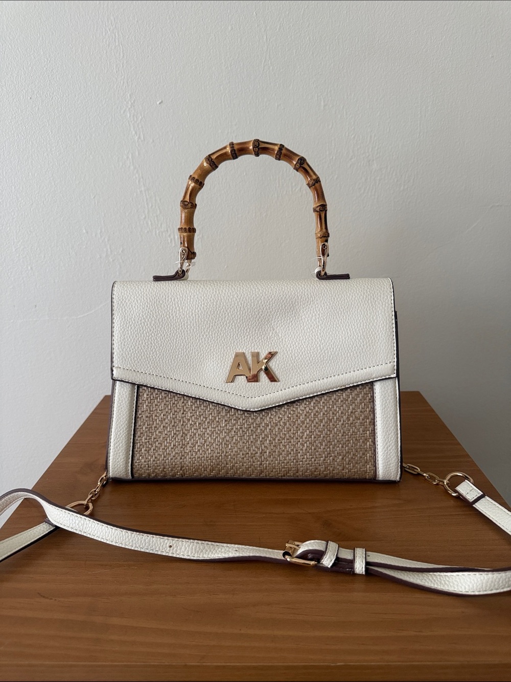 Anne Klein White and Tan Top-Handle Satchel with Bamboo Handle